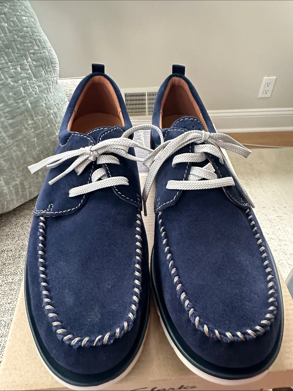 BRAND NEW WITH TAGS!! Clarks Navy Suede Boat-Style Lace-Up Shoes with White Lace